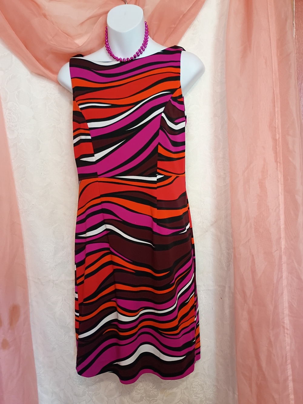 Premise Pink, Red & Black Wave-Print Midi Dress Sz 4P